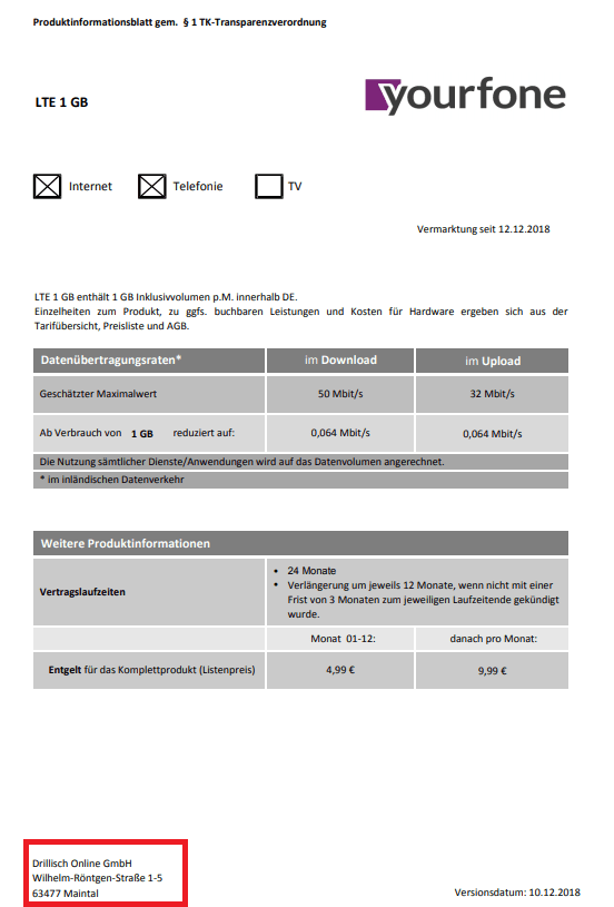 Im Produktinformationsblatt von yourfone finden Kunden Angaben zum Netz.
