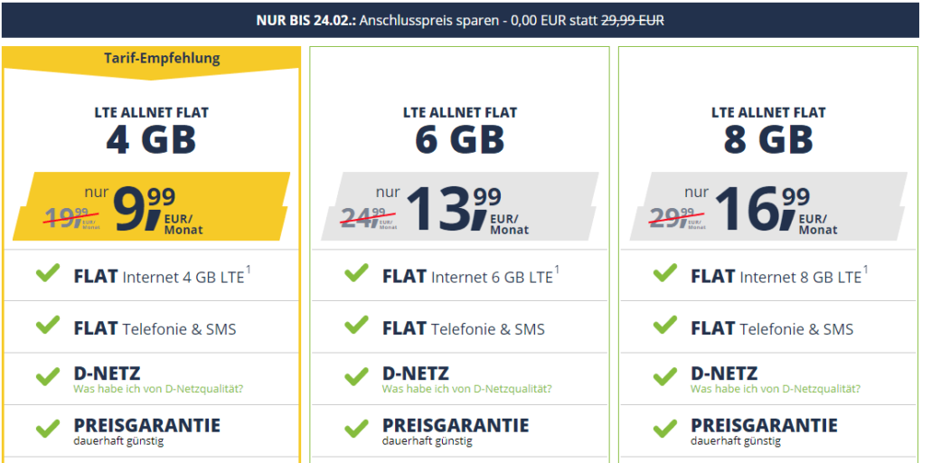 Freenet Mobile Aktion: NUR BIS 24.02.: Anschlusspreis sparen - 0,00 EUR statt 29,99 EUR