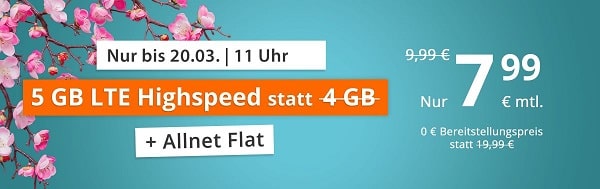 sim LTE All: 4 + 1 GB + Allnet Flat für 7,99 € Aktion - nur bis 20.3.