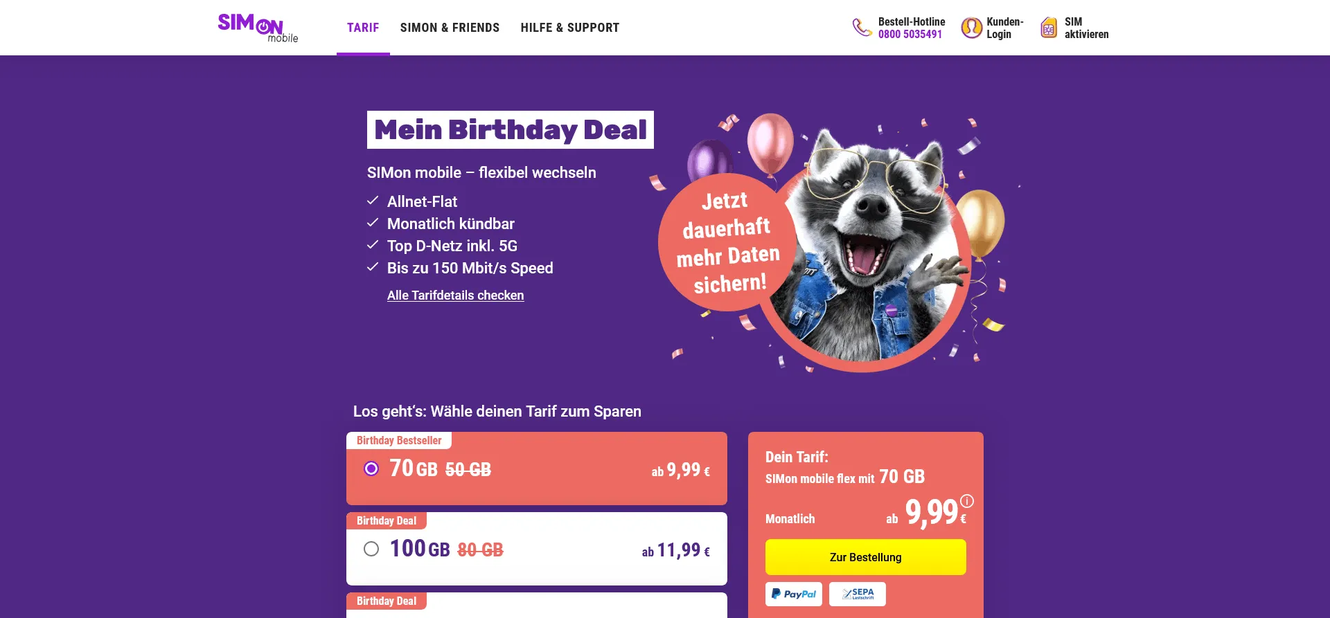 Screenshot der SIMon mobile Birthday Deal Aktion mit den Tarifen 70 GB für 9,99 Euro, 100 GB für 11,99 Euro und 250 GB für 21,99 Euro im Monat im Vodafone 5G-Netz.
