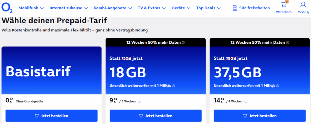 o2 Prepaid Tarife mit 1 Mbit/s Weitersurf-Garantie