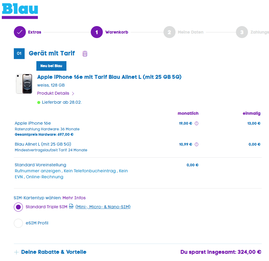 Apple iPhone 16e mit Tarif Blau Allnet L (mit 25 GB 5G)