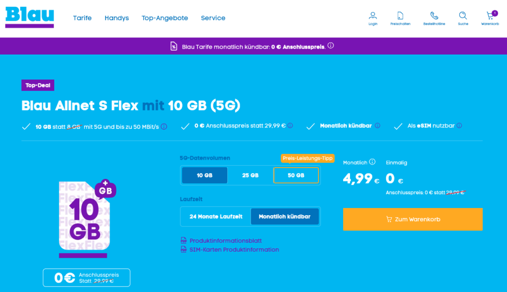Blau Allnet Flex Tarife im Angebot mit 10 GB (5G) für nur 4,99 €