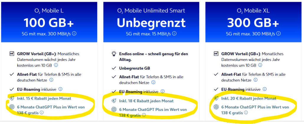 o2 Mobile Tarife inkl. 6 Monate ChatGPT Plus (138 € geschenkt)