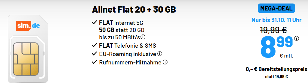SIM.de Allnet Flat + 50 GB Aktion für nur 8,99 € [Mega-Deal]