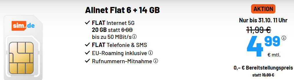 sim.de Power-Aktion: 20 GB 5G Allnet Flat für nur 4,99 €