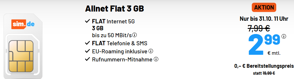 SIM.de Preissturz: Allnet Flat mit 3 GB für unglaubliche 2,99 €!