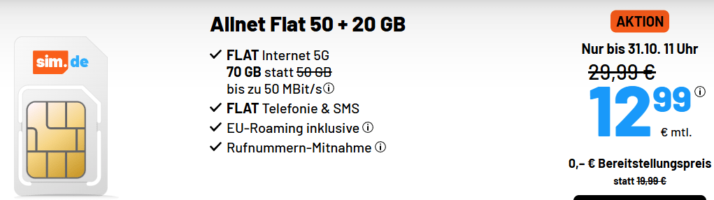 sim.de Highspeed-Deal: 70 GB 5G Allnet Flat für nur 12,99 €