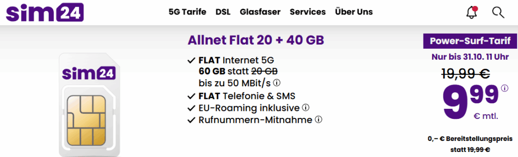 sim24.de Hammer-Angebot: 60 GB Allnet-Flat für nur 9,99 €