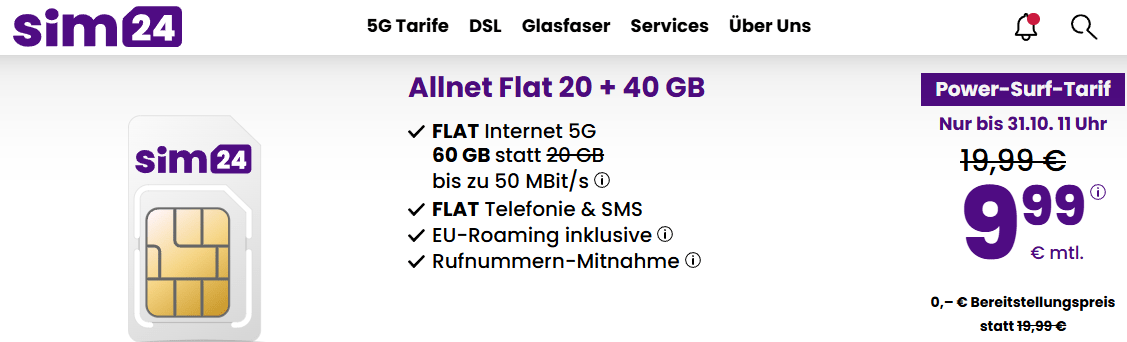 sim24.de Hammer-Angebot: 60 GB Allnet-Flat für nur 9,99 €