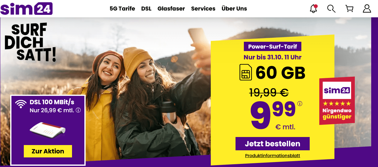 sim24.de 5G Tarife im Vergleich – Allnet Flats ab 3,99 € mtl.