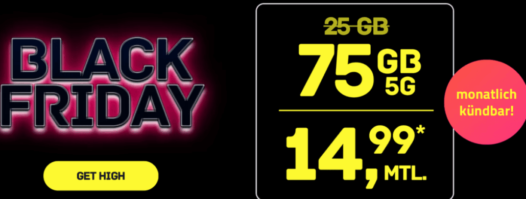 HIGH mobile: 75 GB + Allnet Flat für nur 14,99 € statt 24,99 € (Black Week Aktion)