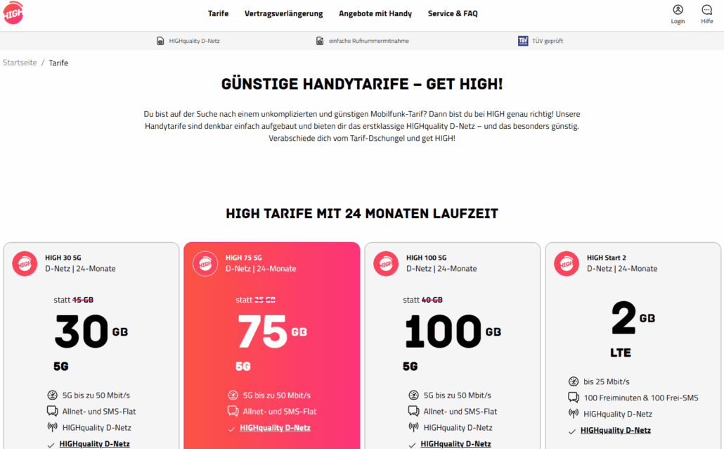 high-mobile.de – Angebotsseite