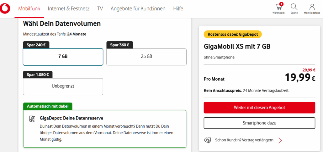 Vodafone 5G Tarife im Vergleich - GigaMobil Tarife ab 19,99 € mtl.