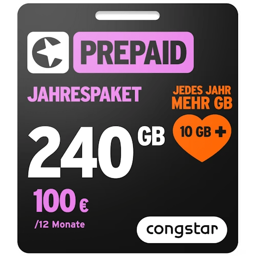 congstar Prepaid Jahrespaket: 240 GB im Telekom-Netz für effektiv 8,33 €/Monat.