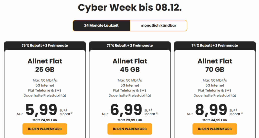 Happy SIM: Allnet Flat Tarife ab 5,99 € (77% Rabatt) - nur bis 08.12.25