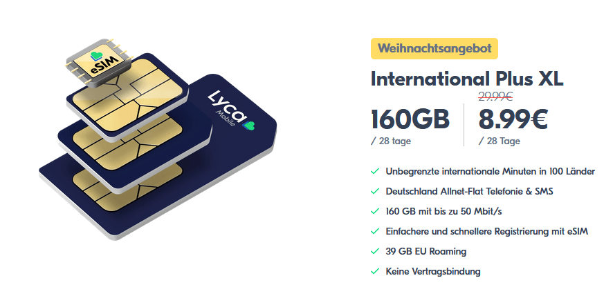 Lycamobile Weihnachtsangebot: 160 GB (Allnet Flat) für nur 8,99 € / 28 Tage, statt 29,99 €