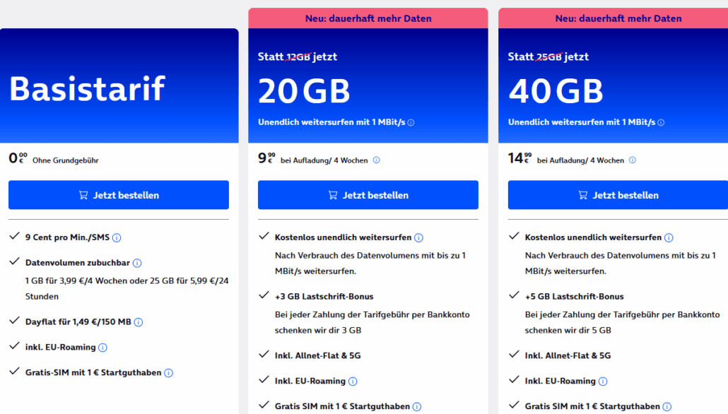 o2 Prepaid Tarife in der Übersicht
