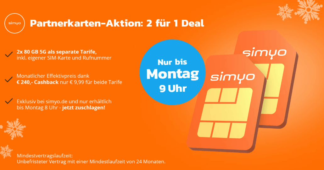 simyo Partnerkarten Aktion: 2 für 1 Deal – 160 GB für effektiv nur 9,99 €!
