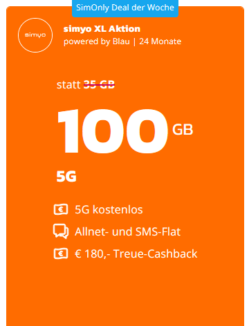 simyo 100 GB Allnet-Flat - Rechnerisch nur 4,49 € - dank 180 € Cashback