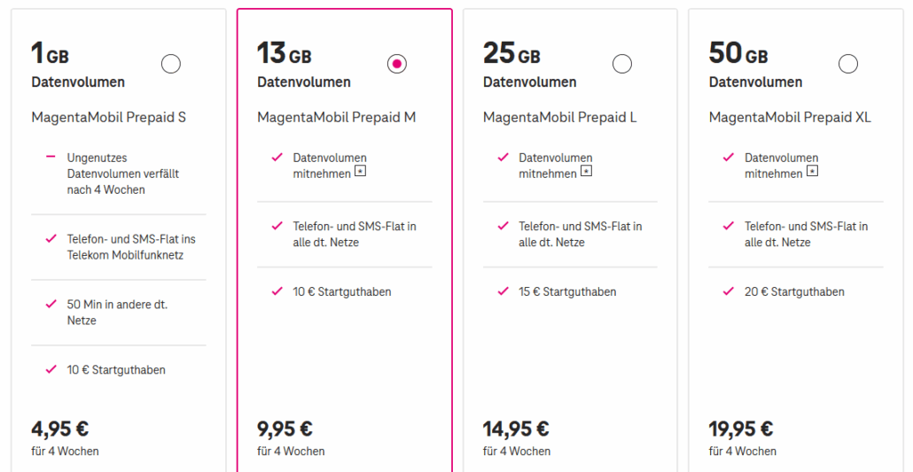 Telekom Prepaid Tarife in der Übersicht