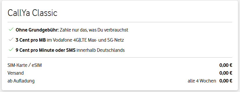 Kostenlose CallYa Prepaid SIM-Karte im 5G-Netz