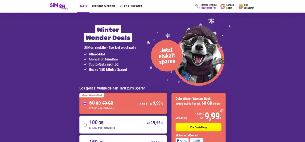 SIMon mobile: 60 GB Allnet Flat für nur 9,99 € – Monatlich kündbar! (Winter Wonder Deal)
