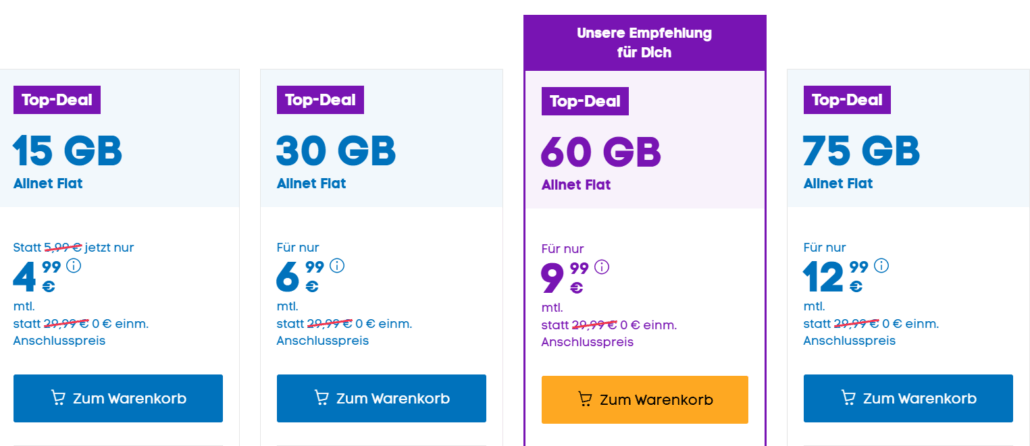 BLAU Allnet Flat Angebote ab 4,99 € mit 15 GB  - monatlich kündbar