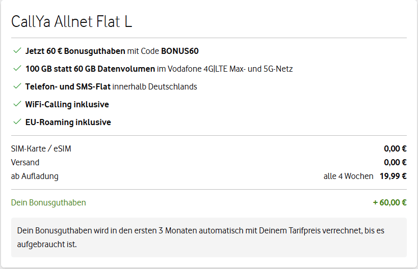 CallYa Allnet Flat L mit 60 € Bonusguthaben