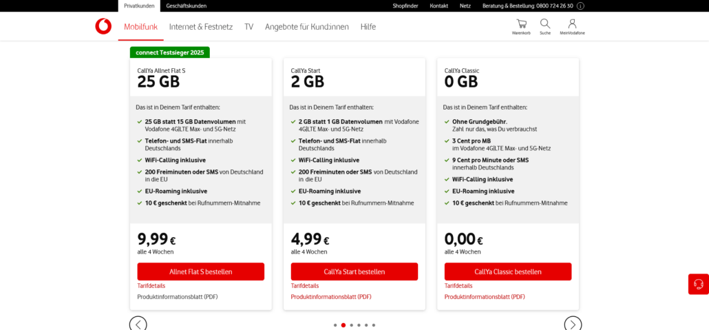 Vodafone CallYa Tarife mit 100 Extra-GB Bonus - März Angebote 2026