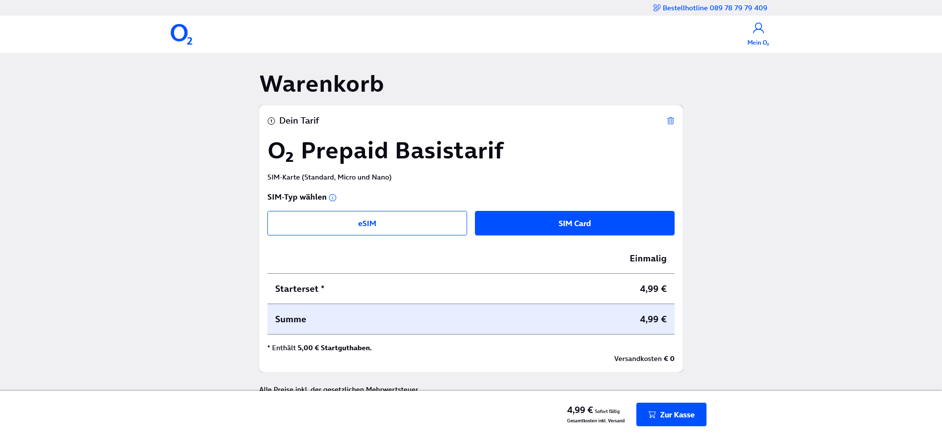 o2 Prepaid Basistarif: Gratis SIM-Karte mit 0 € Grundgebühr & 5 € Startguthaben geschenkt!