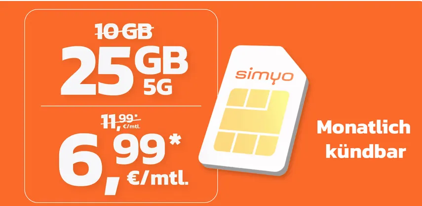 simyo Knaller: 25 GB 5G Allnet Flat für 6,99 € – mtl. kündbar!